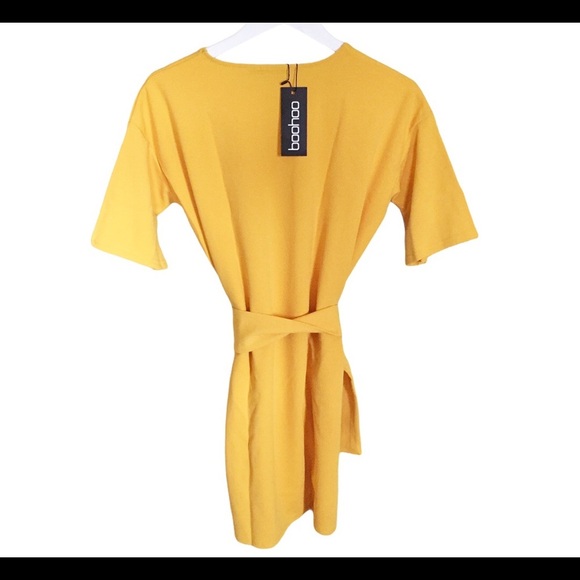 NWT BOOHOO Structured Tie Waist Dress With Scoop Neck Mustard Yellow Size 4 - Picture 11 of 12